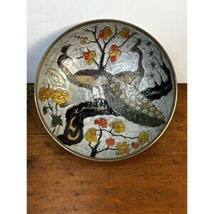 Vintage Cloisonne Enameled Brass Footed Bowl Peacocks & Flowers 9"